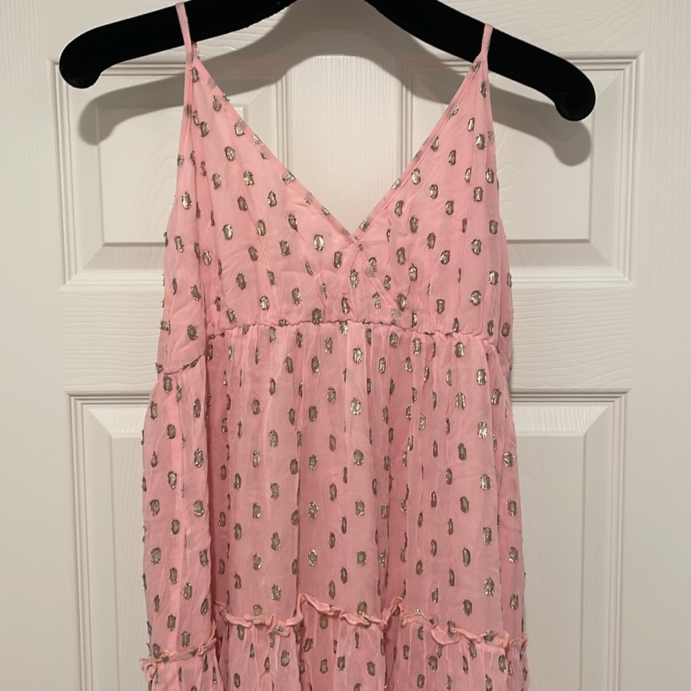 En Creme Rose Pink Gold Metallic Spaghetti Strap Tiered Maxi Dress S‎ - Picture 4 of 12